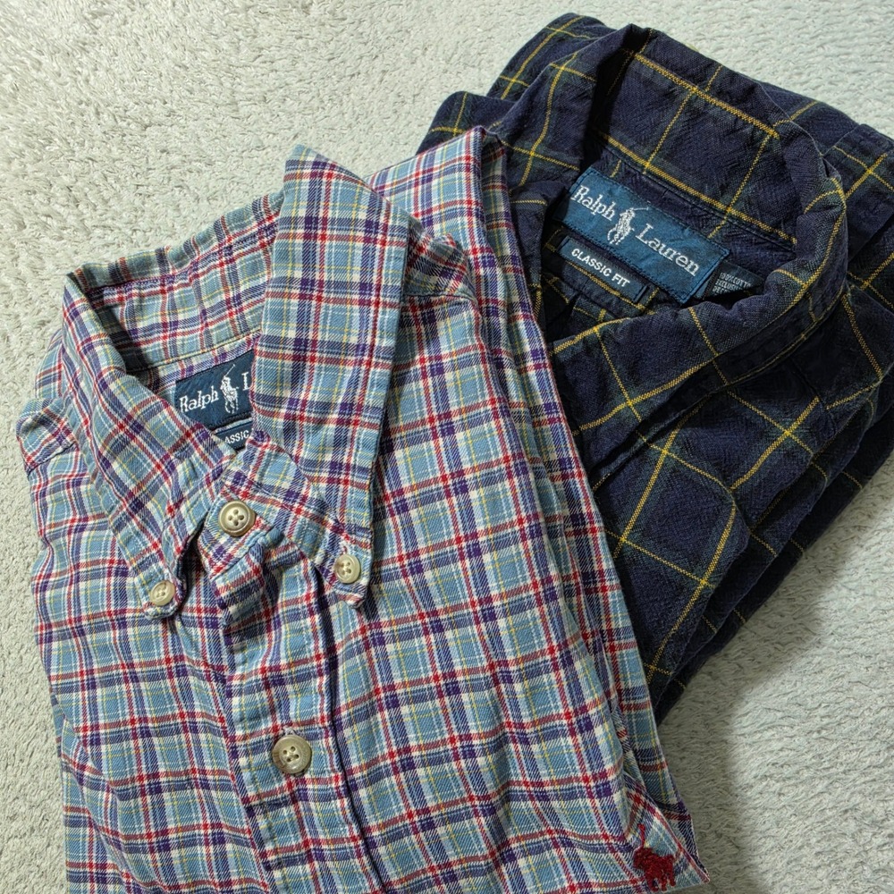 2 Pack! Ralph Lauren Button Down Mens Med Navy Yellow Plaid Classic Fit L/S